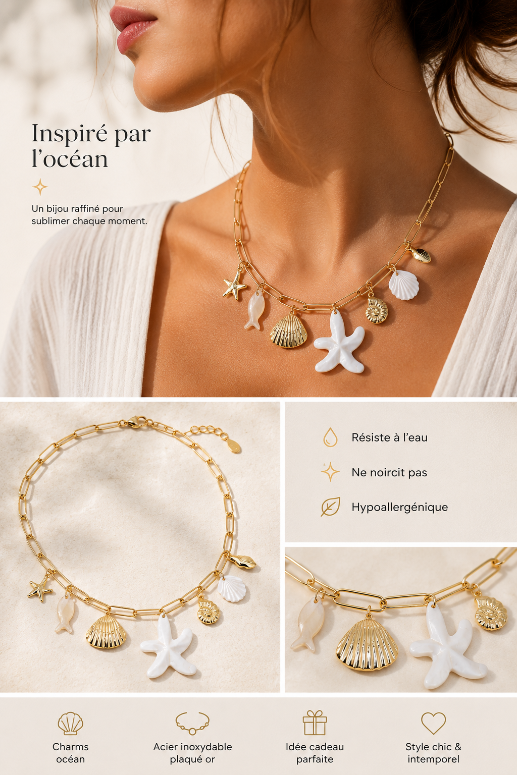 holychic bijoux Collier Doré à Charms Océan Design Raffiné Coquillages Étoile de Mer Poisson Effet Nacré Style Fresque Élégant Tendance
