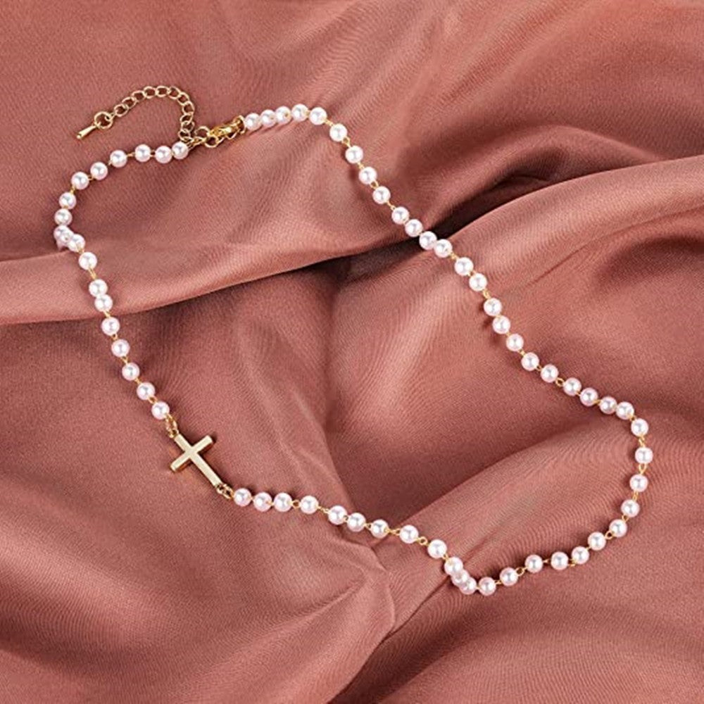 Collier Ras-de-Cou Pendentif Croix – Chaîne de Perles Ajustable