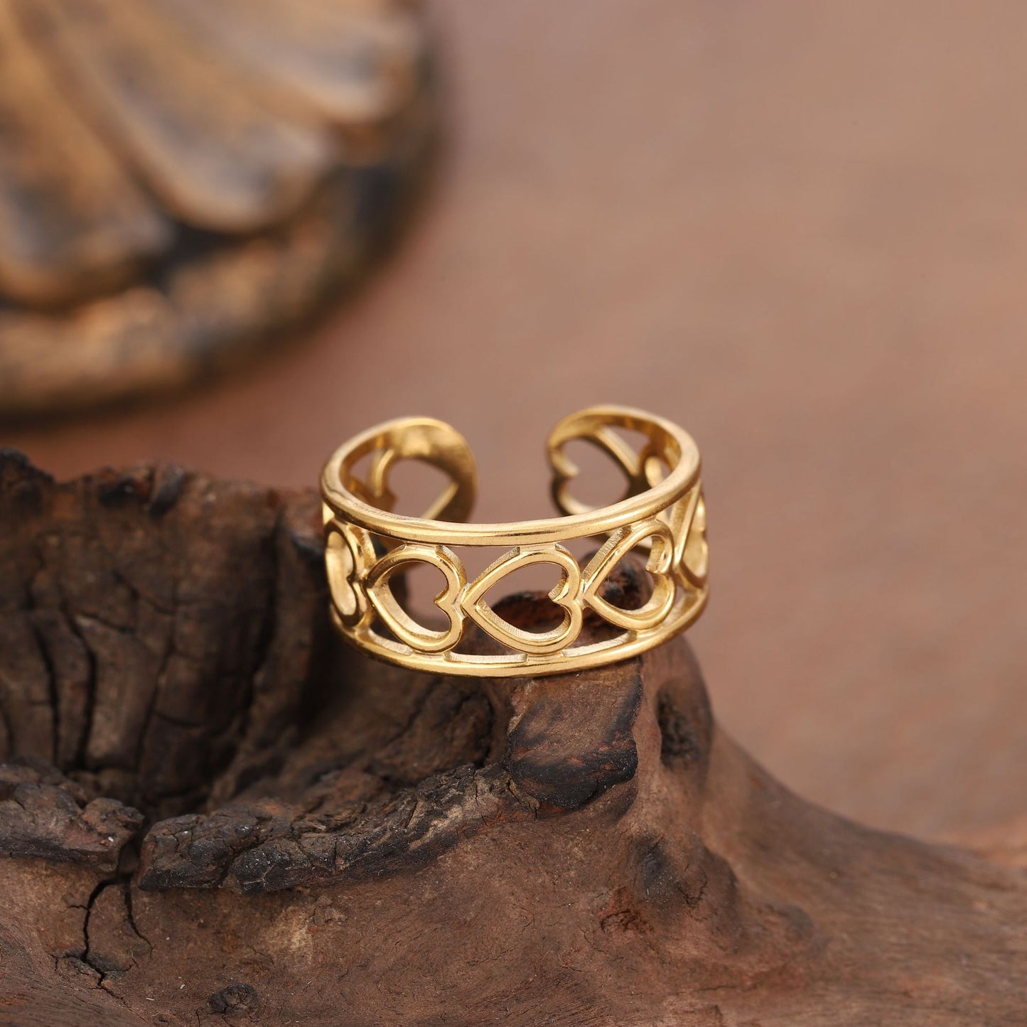 Bague ouverte ajustable en forme de cœur creux