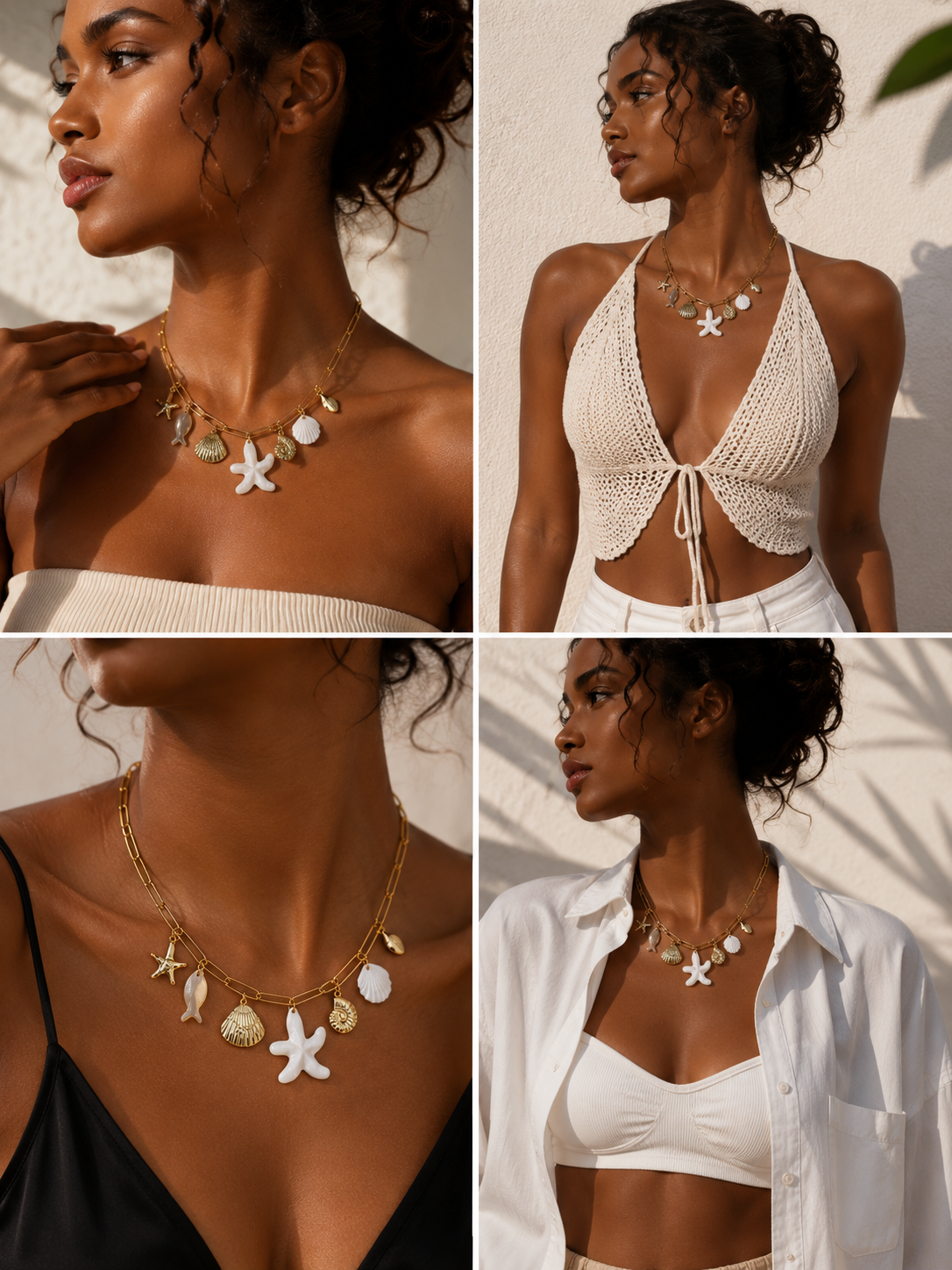 holychic bijoux Collier Doré à Charms Océan Design Raffiné Coquillages Étoile de Mer Poisson Effet Nacré Style Fresque Élégant Tendance