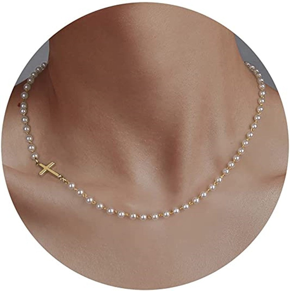 Collier Ras-de-Cou Pendentif Croix – Chaîne de Perles Ajustable