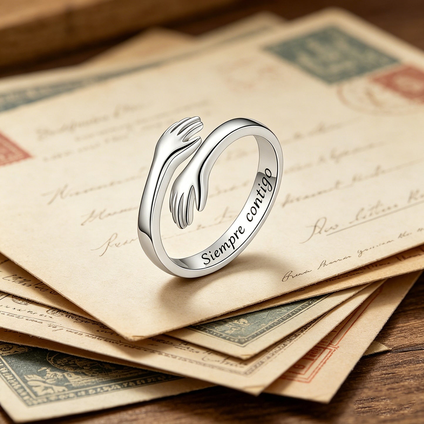 Bague géométrique ajustable en cuivre avec inscription espagnole